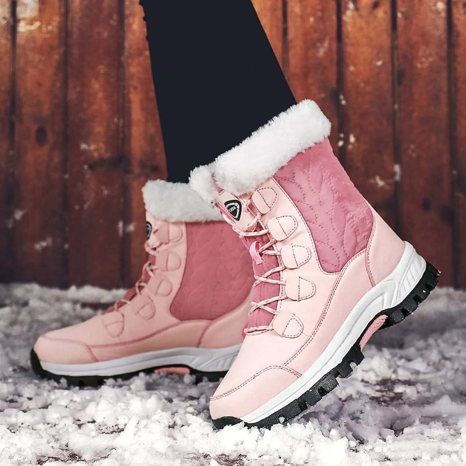 Winter Boots for Women Fur Lined Warm Snow Boots Waterproof Mid Calf Walking Boots Lace-Up Mid Calf Booties