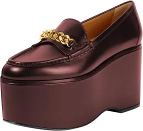 Women Chic Round Toe Chain Decoration Thick Sole Platform Loafers Slip on Graceful Party Homecoming Pump Shoes Size 4-16 US