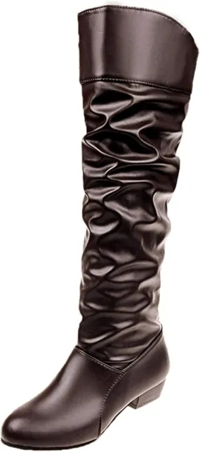 Womens Knee High Boots Low Heel,Casual Pull On Tall Boots Wrinkled Round Toe Leather Shoes Wide Calf Boots for Women