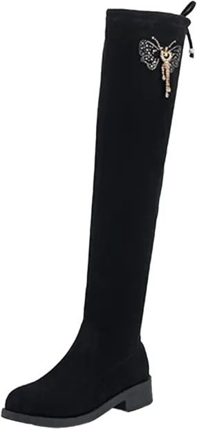 Womens Rhinestone Stretch Solid Color Round Toe Zipper Fashion Middle Heel Chunky Heel Over The Knee Boots Glitter Knee Boots (Black, 7.5)